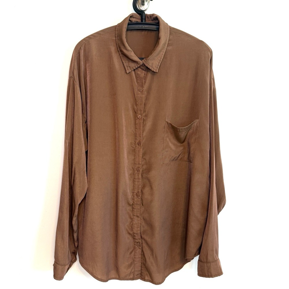 Womens Brown Oversized  Button-Up Shirt XL‎ Relaxed Fit Long Sleeve Lightweight